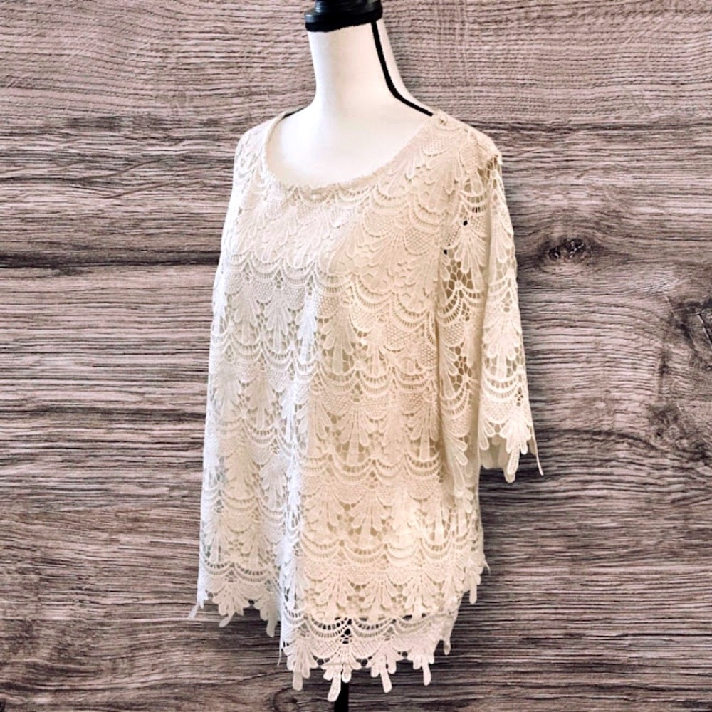 Adiva Scalloped Lace Top Short Sleeve in Ivory 1X